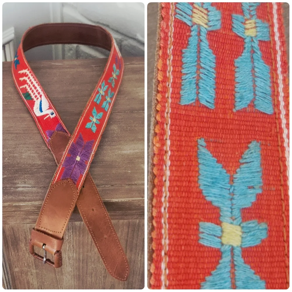 Vtg Men's Embroidered Belt, 38, M/L, Bird/Flower, Leather
